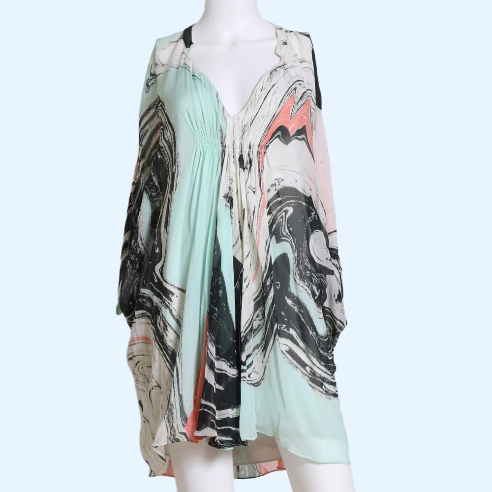 DIANE VON FURSTENBERG Abstract Print Silk Fleurette Caftan Mini Dress